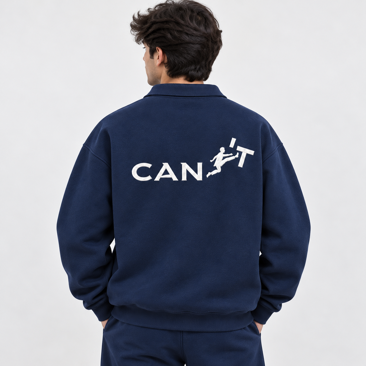 "CAN'T" Kicking Figure Back Print Graphic Polo Collar Sweatshirt – Navy Blue Secondary image