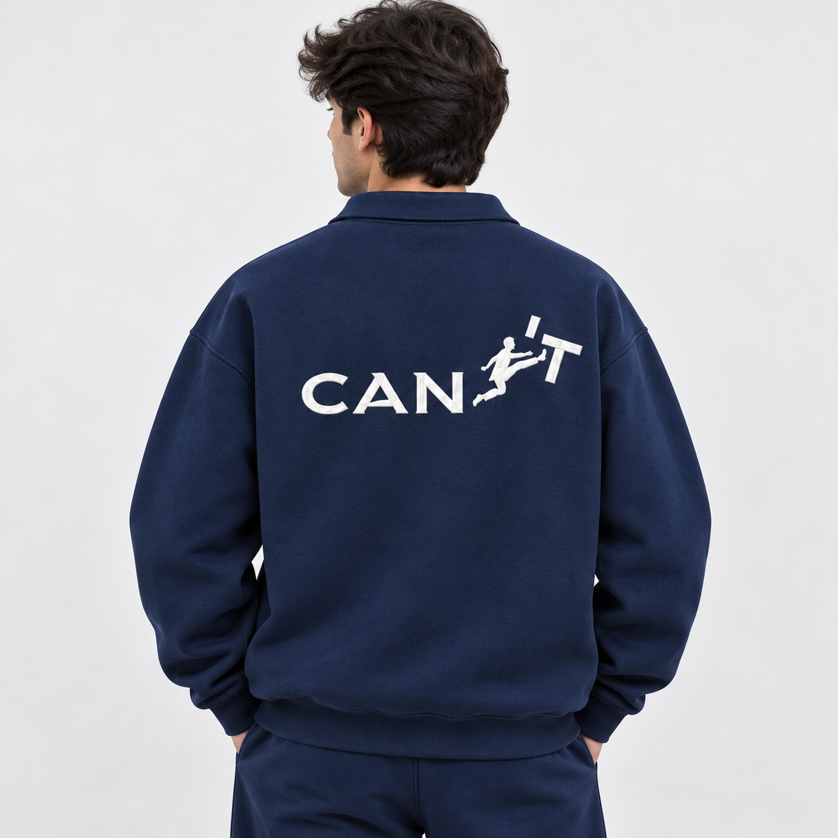 "CAN'T" Kicking Figure Back Print Graphic Polo Collar Sweatshirt – Navy Blue
