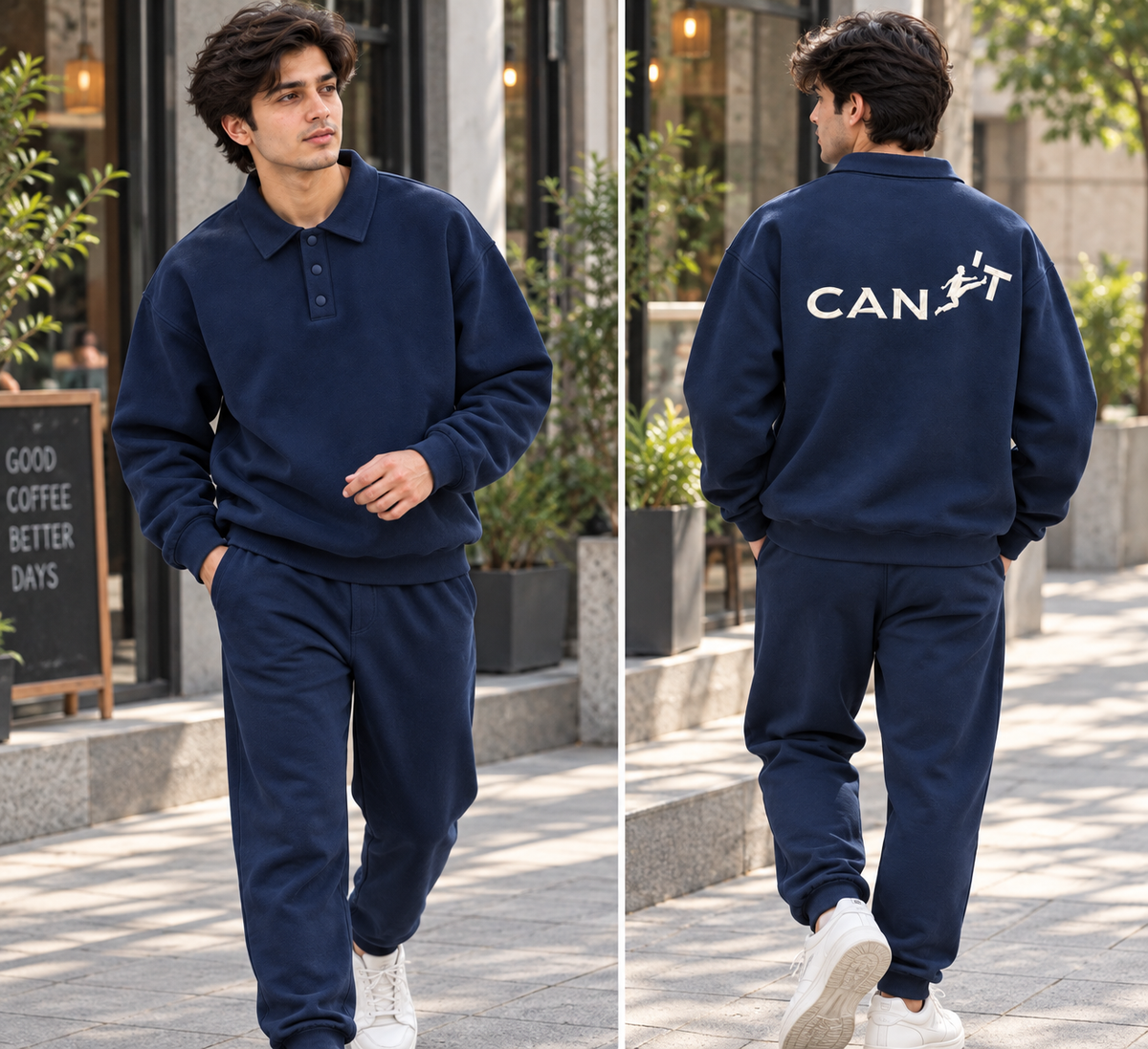 "CAN'T" Kicking Figure Back Print Graphic Polo Collar Sweatshirt – Navy Blue