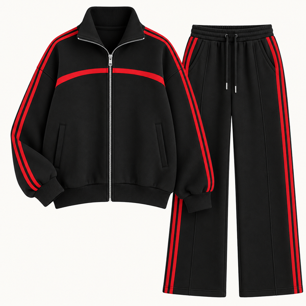 Retro Striped Full-Zip Tracksuit Co-Ord Set – Black & Red