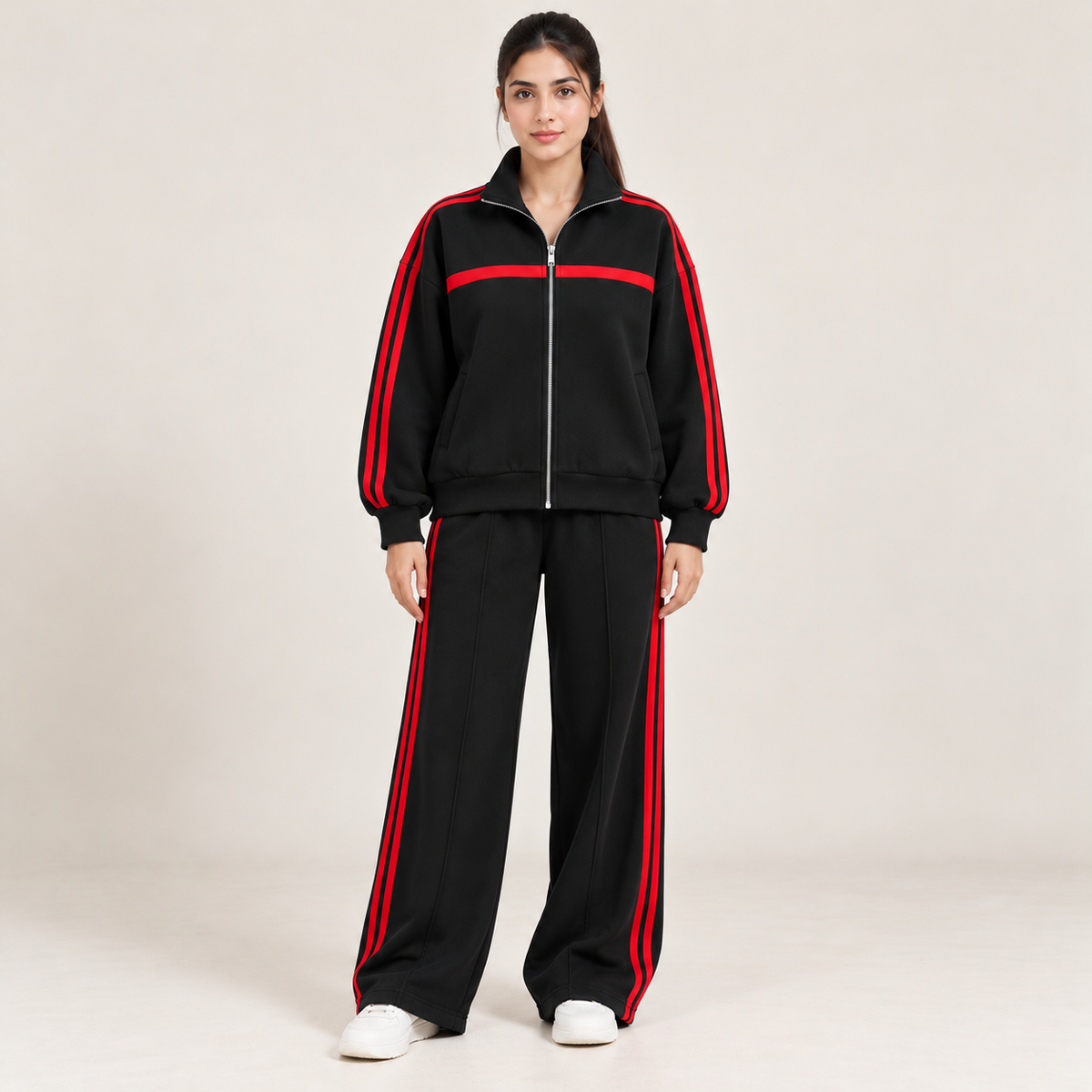 Retro Striped Full-Zip Tracksuit Co-Ord Set – Black & Red