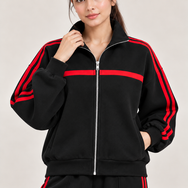 Retro Striped Full-Zip Tracksuit Co-Ord Set – Black & Red