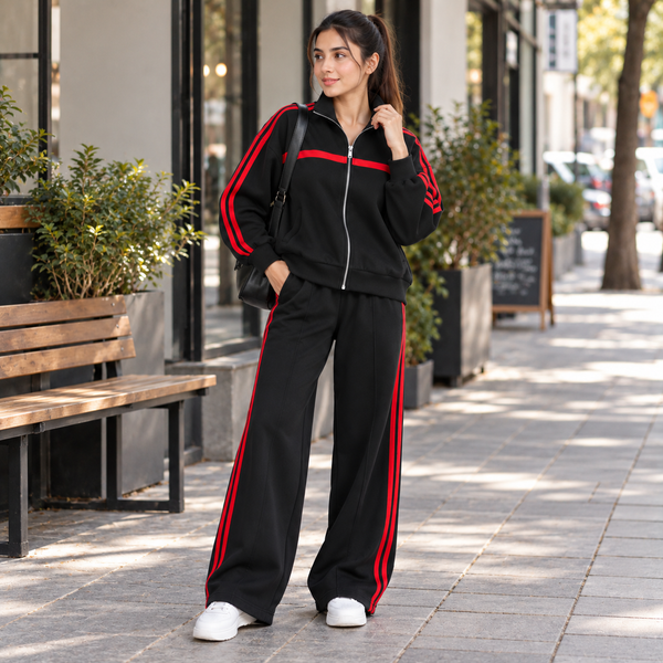 Retro Striped Full-Zip Tracksuit Co-Ord Set – Black & Red