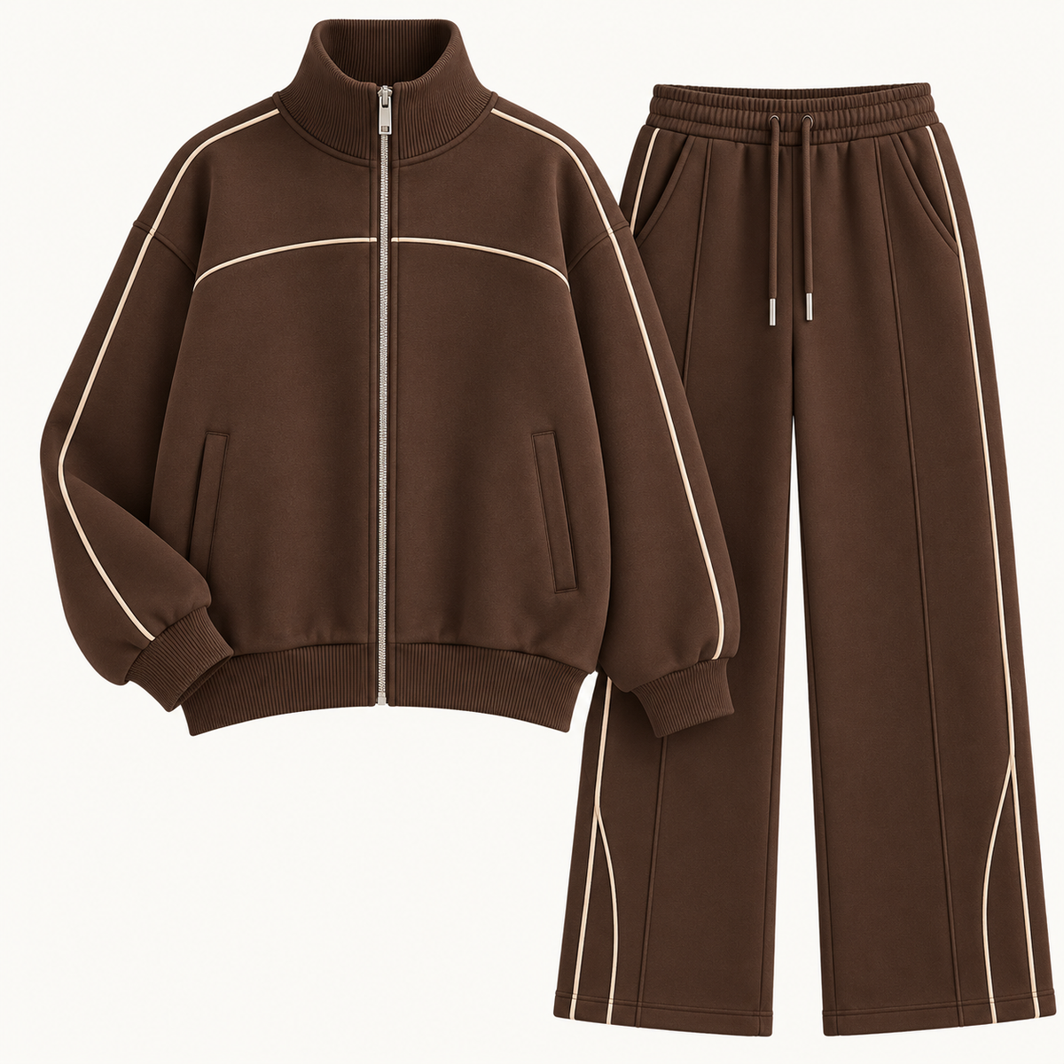 Piping Detail Full-Zip Sweatshirt & Wide-Leg Co-Ord Set – Chocolate Brown