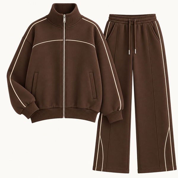 Piping Detail Full-Zip Sweatshirt & Wide-Leg Co-Ord Set – Chocolate Brown