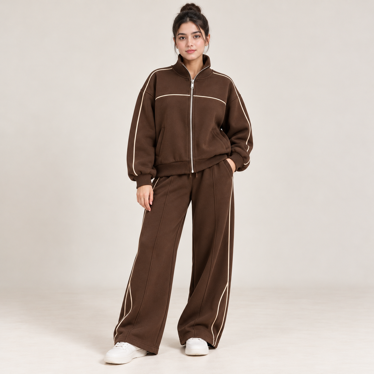 Piping Detail Full-Zip Sweatshirt & Wide-Leg Co-Ord Set – Chocolate Brown Main image