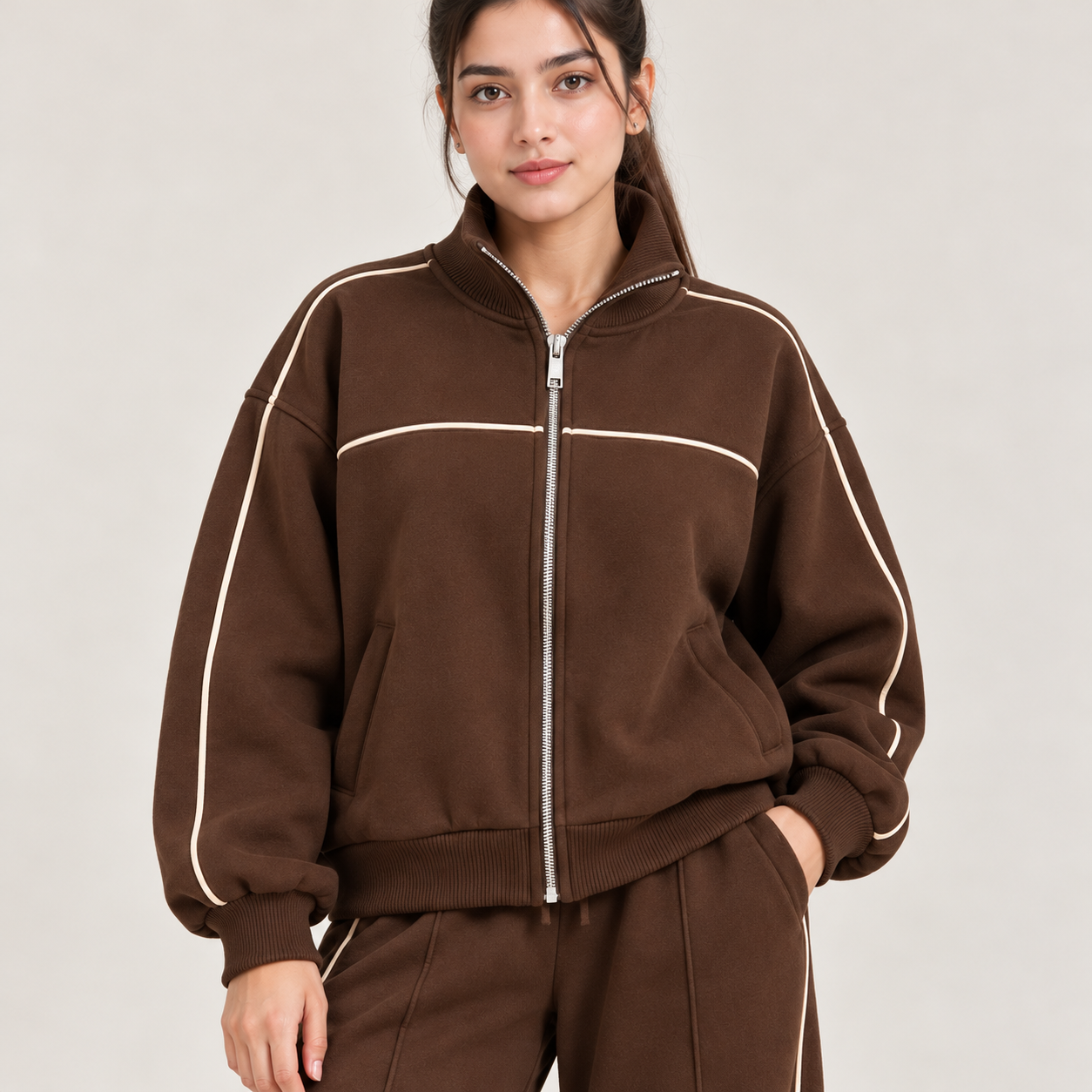 Piping Detail Full-Zip Sweatshirt & Wide-Leg Co-Ord Set – Chocolate Brown Secondary image