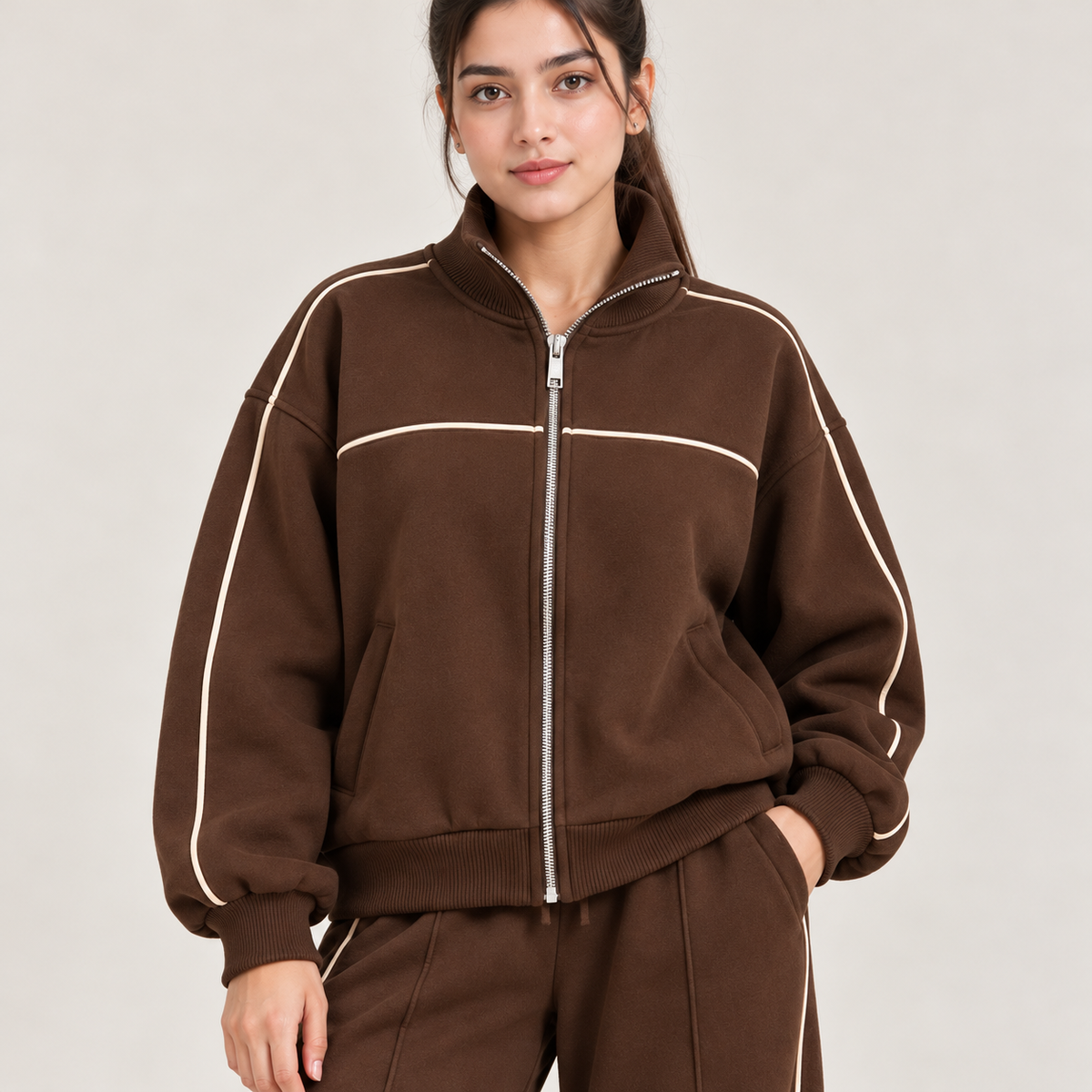 Piping Detail Full-Zip Sweatshirt & Wide-Leg Co-Ord Set – Chocolate Brown