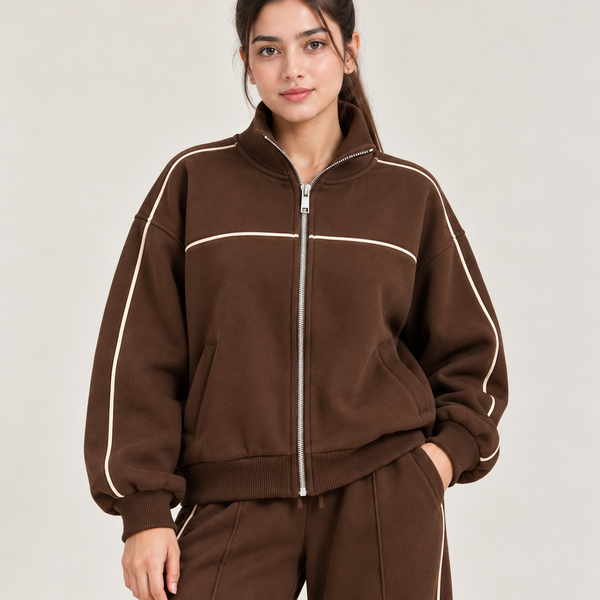Piping Detail Full-Zip Sweatshirt & Wide-Leg Co-Ord Set – Chocolate Brown