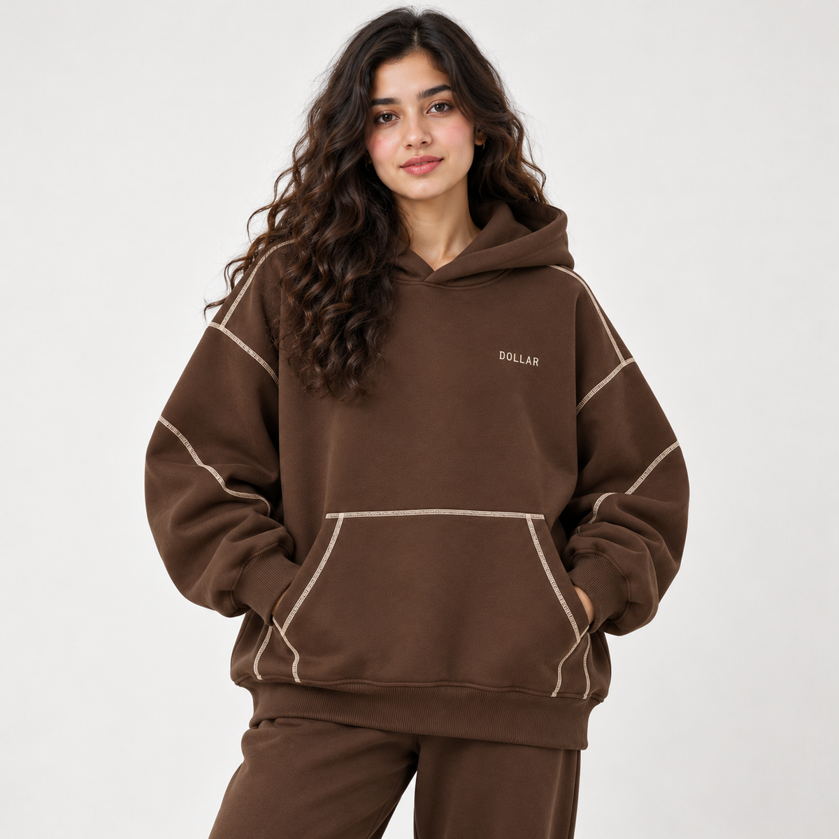 Dollar Contrast Stitch Panel Hoodie – Chocolate Brown Main image