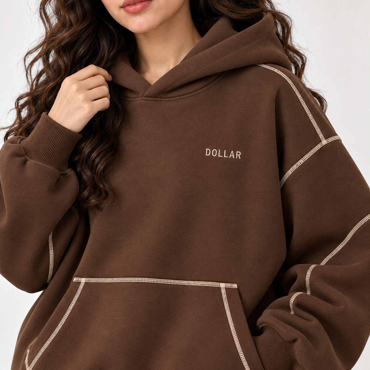 Dollar Contrast Stitch Panel Hoodie – Chocolate Brown Secondary image