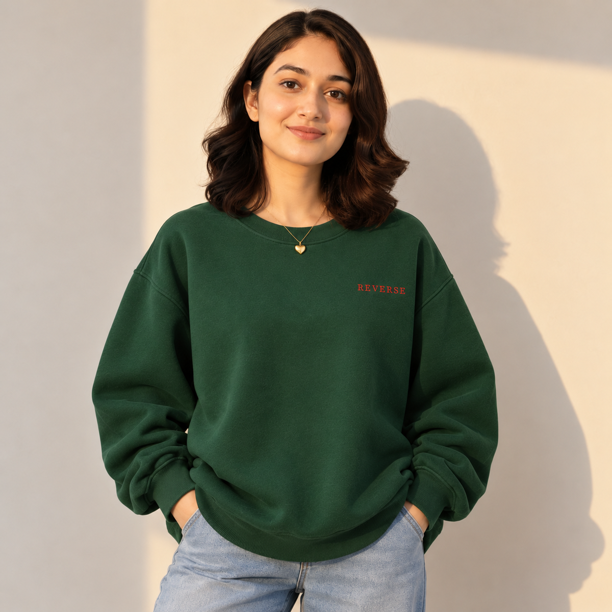 "REVERSE" Minimalist Chest Graphic Printed Sweatshirt – Forest Green
