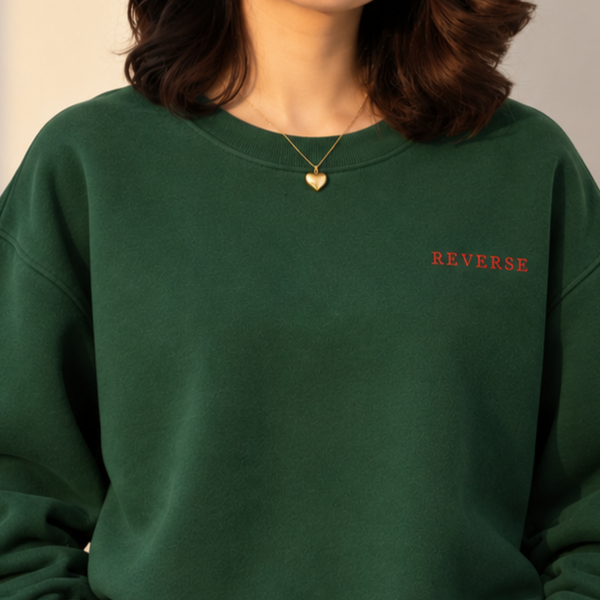 "REVERSE" Minimalist Chest Graphic Printed Sweatshirt – Forest Green