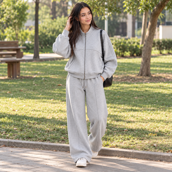 Women's Minimalist Panel Full-Zip Co-Ord Set | Heather Grey