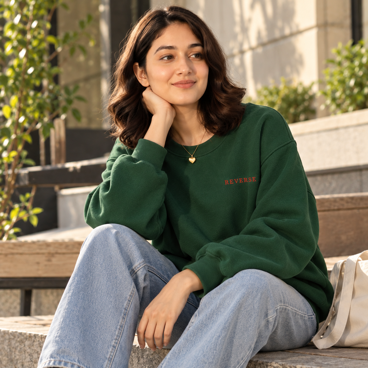 "REVERSE" Minimalist Chest Graphic Printed Sweatshirt – Forest Green