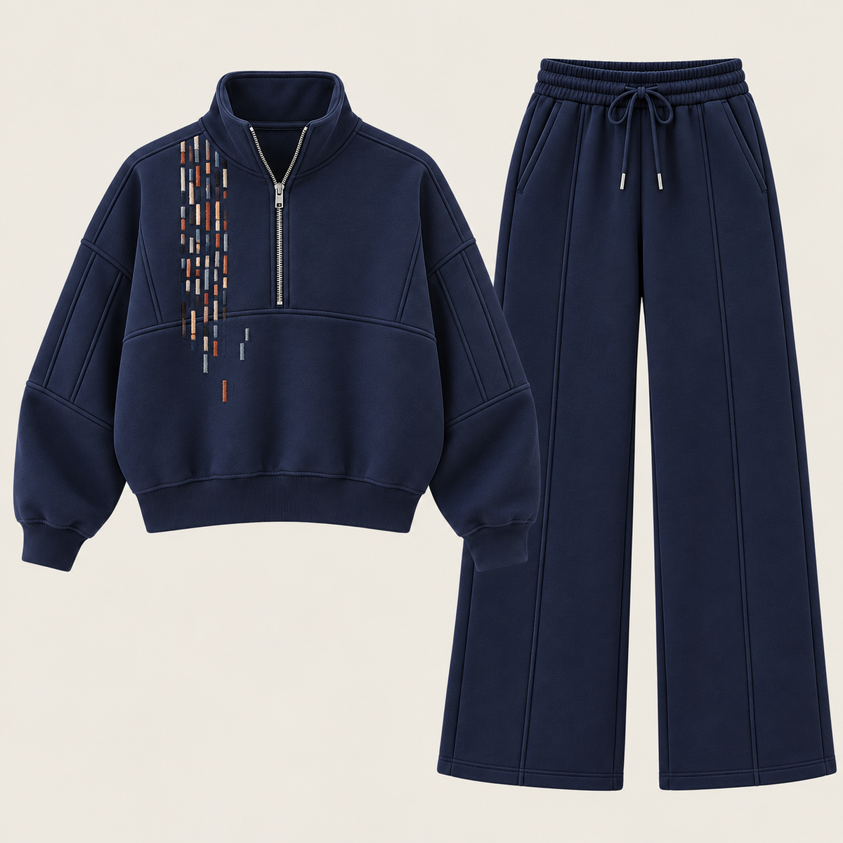 Abstract Geometric Embroidery Quarter-Zip & Wide-Leg Co-Ord Set – Navy Blue