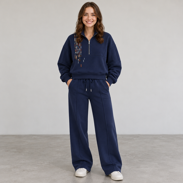 Abstract Geometric Embroidery Quarter-Zip & Wide-Leg Co-Ord Set – Navy Blue