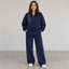 Abstract Geometric Embroidery Quarter-Zip & Wide-Leg Co-Ord Set – Navy Blue
