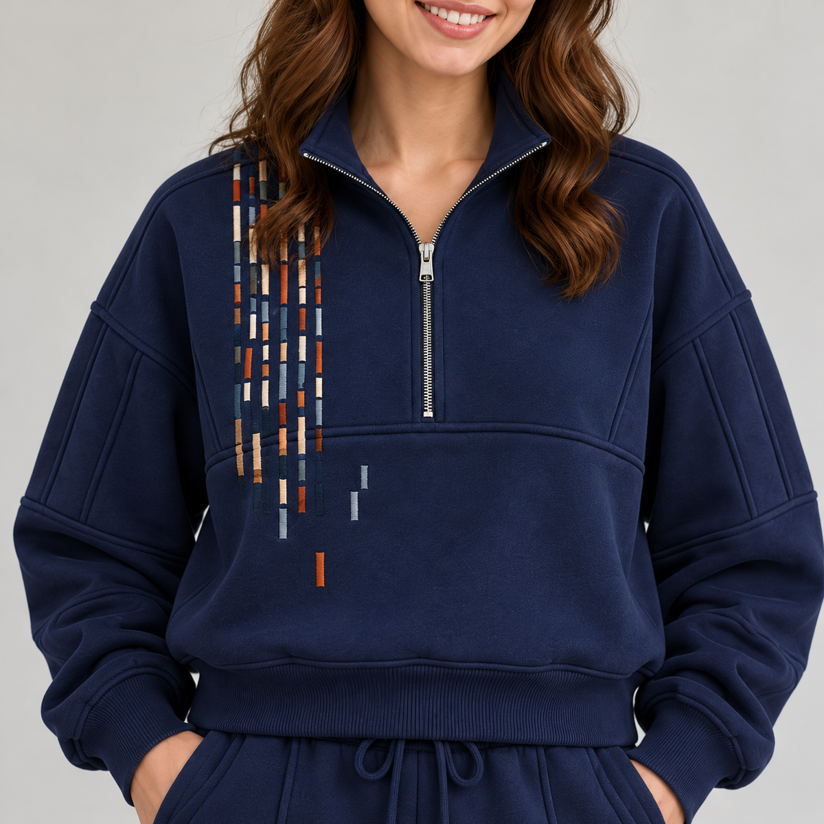 Abstract Geometric Embroidery Quarter-Zip & Wide-Leg Co-Ord Set – Navy Blue