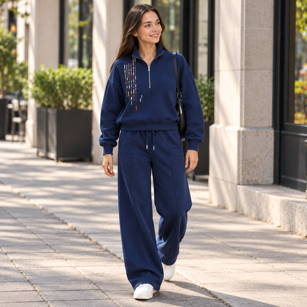 Abstract Geometric Embroidery Quarter-Zip & Wide-Leg Co-Ord Set – Navy Blue