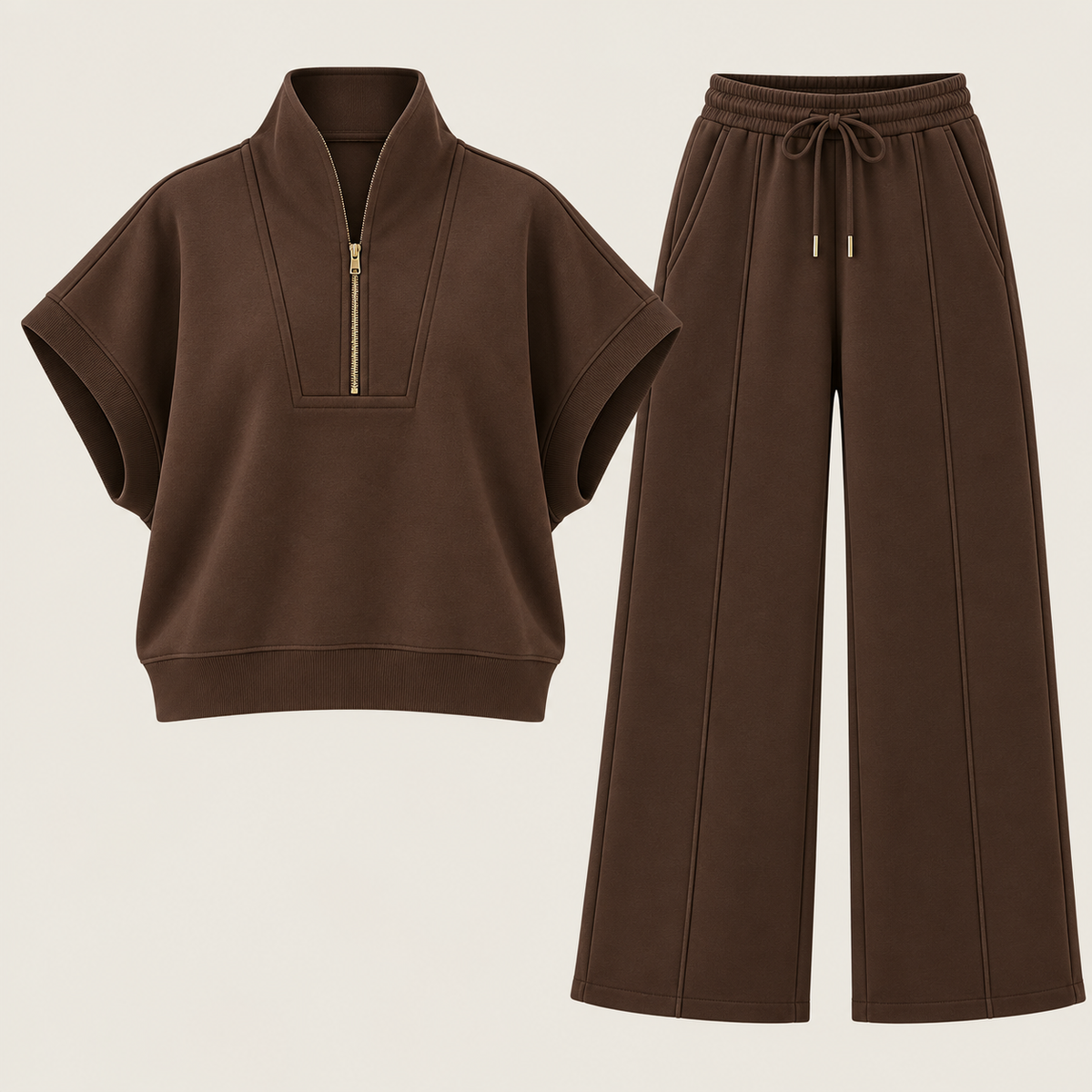 Women Modern Panel Short-Sleeve Co-Ord Set | Chocolate Brown