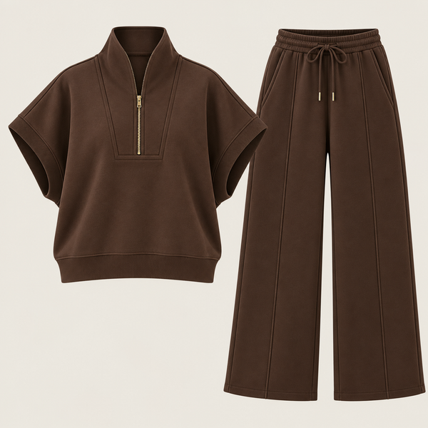 Women Modern Panel Short-Sleeve Co-Ord Set | Chocolate Brown