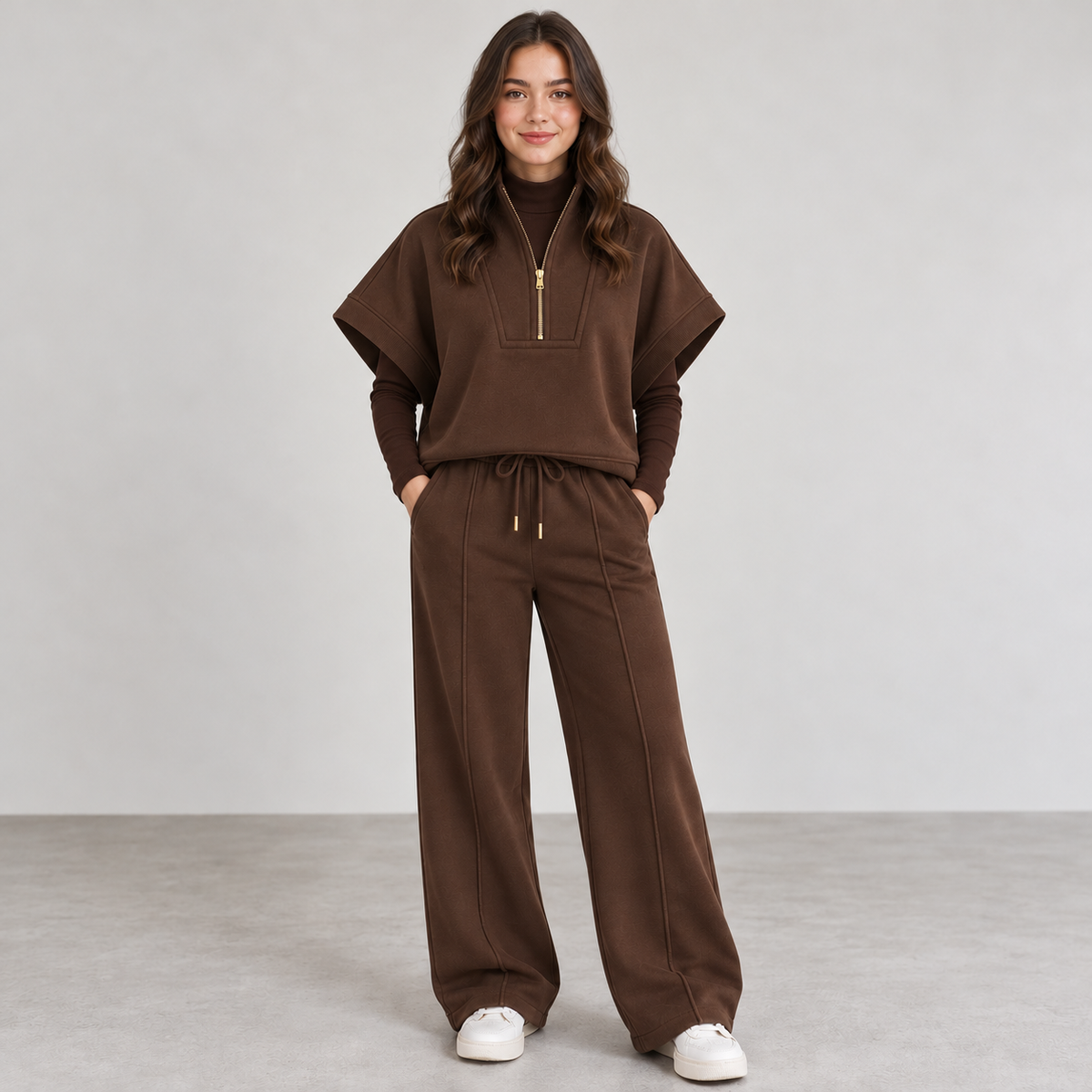Women Modern Panel Short-Sleeve Co-Ord Set | Chocolate Brown