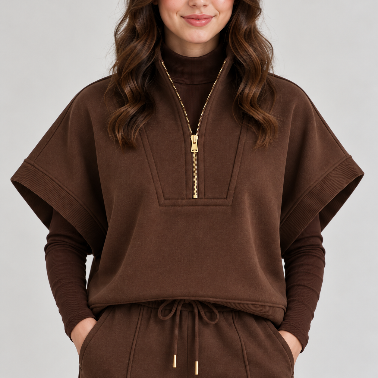 Women Modern Panel Short-Sleeve Co-Ord Set | Chocolate Brown Secondary image