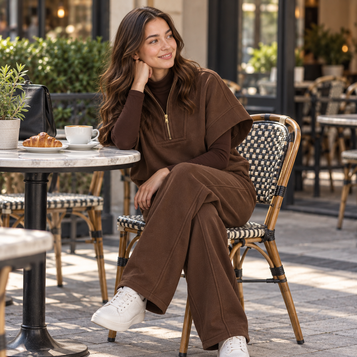 Women Modern Panel Short-Sleeve Co-Ord Set | Chocolate Brown
