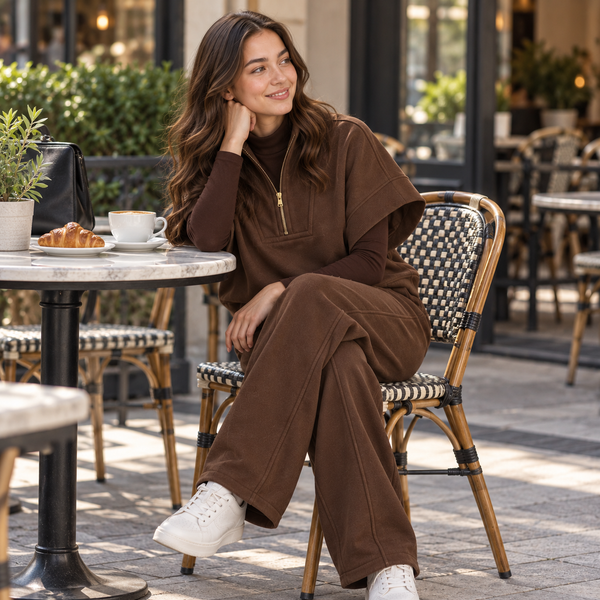 Women Modern Panel Short-Sleeve Co-Ord Set | Chocolate Brown
