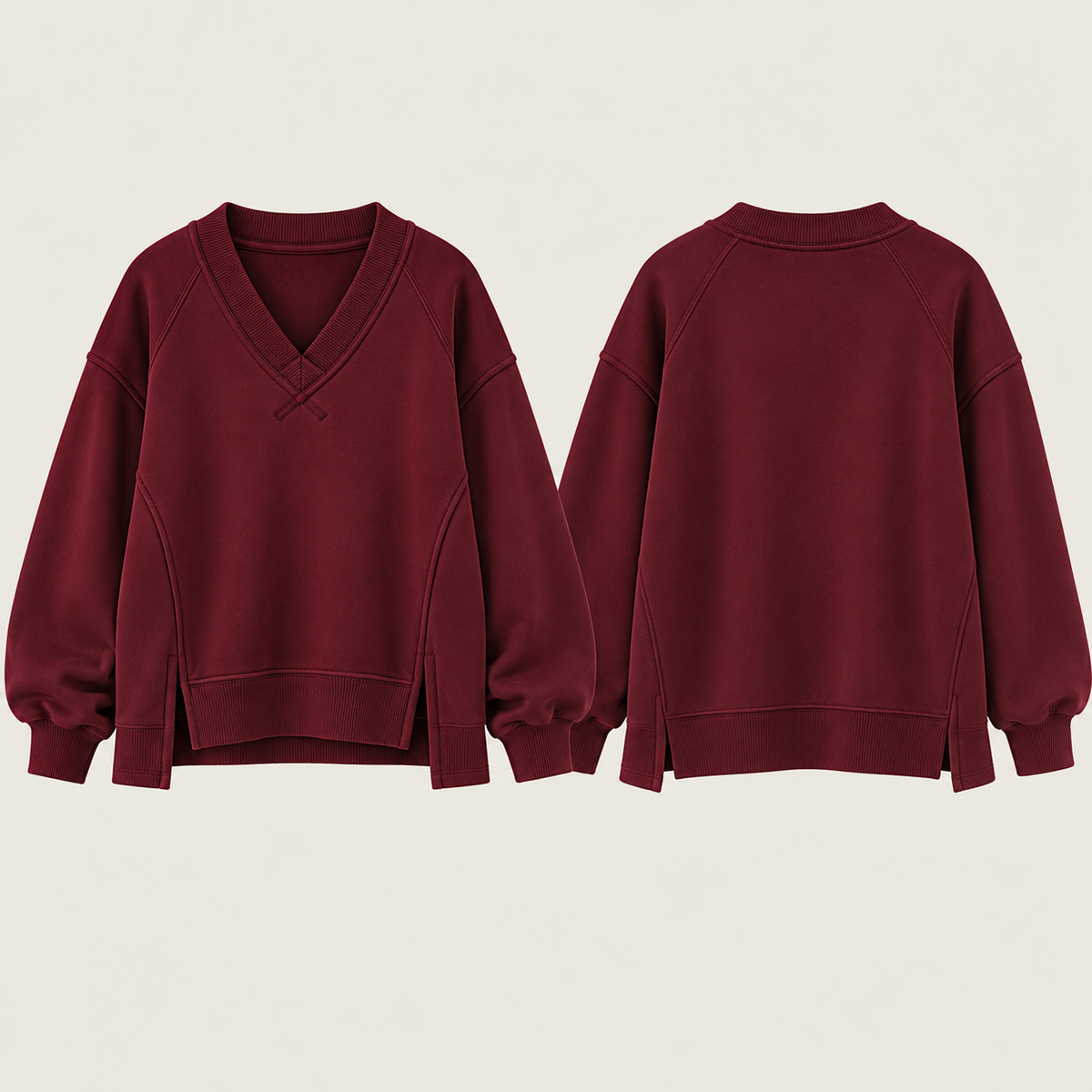Women Ribbed V-Neck Side-Slit Oversized Sweatshirt – Maroon