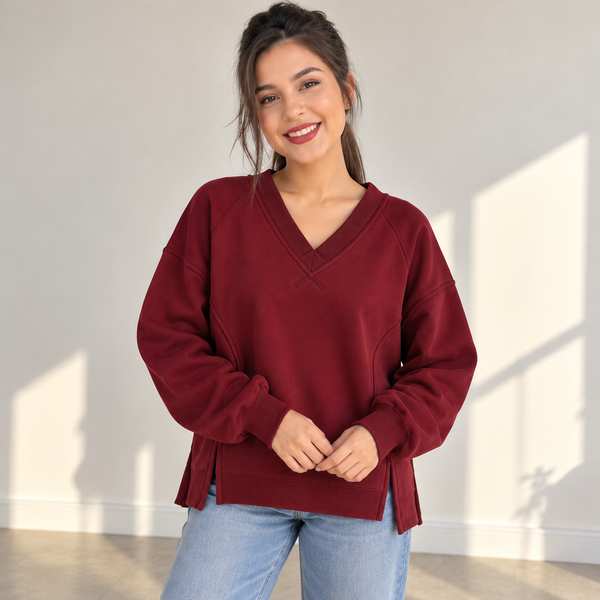 Women Ribbed V-Neck Side-Slit Oversized Sweatshirt – Maroon