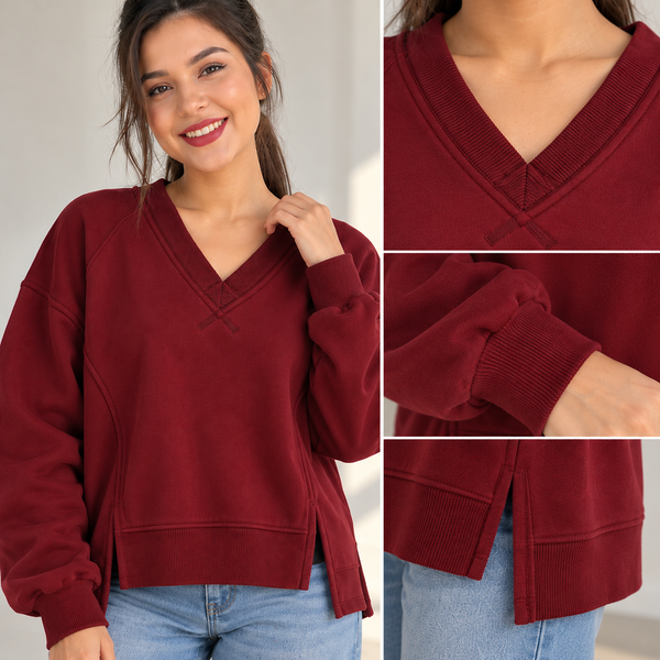 Women Ribbed V-Neck Side-Slit Oversized Sweatshirt – Maroon