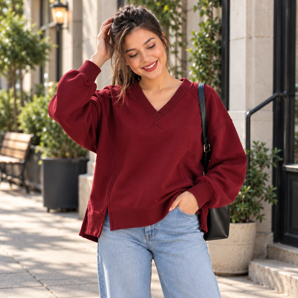 Women Ribbed V-Neck Side-Slit Oversized Sweatshirt – Maroon