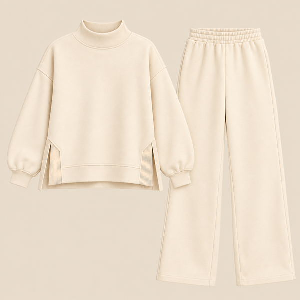 Mockneck Side-Slit Sweatshirt & Wide-Leg Co-Ord Set – Off-White