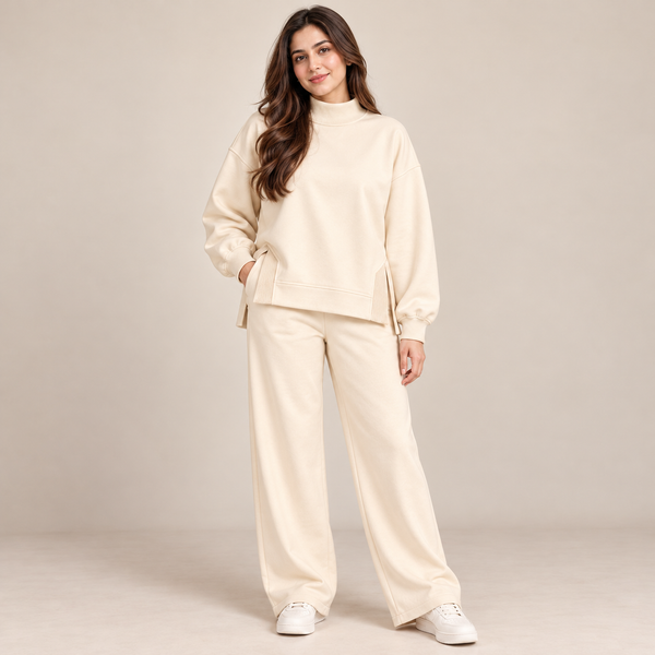 Mockneck Side-Slit Sweatshirt & Wide-Leg Co-Ord Set – Off-White