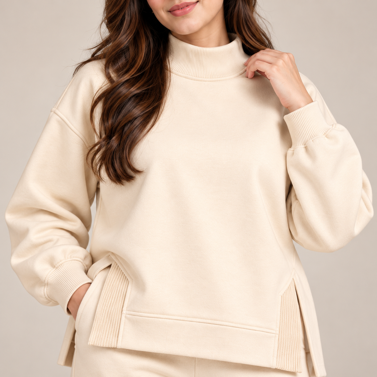 Mockneck Side-Slit Sweatshirt & Wide-Leg Co-Ord Set – Off-White