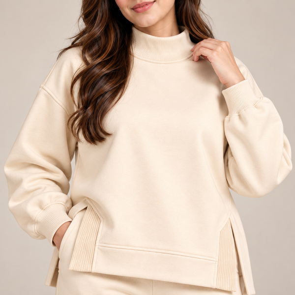 Mockneck Side-Slit Sweatshirt & Wide-Leg Co-Ord Set – Off-White