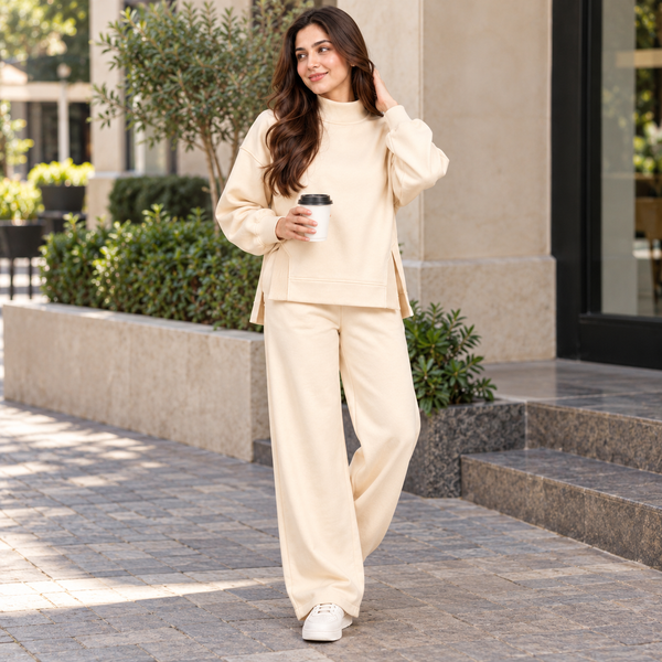 Mockneck Side-Slit Sweatshirt & Wide-Leg Co-Ord Set – Off-White
