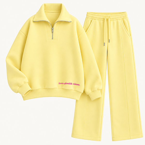 Women Minimalist Quarter-Zip Co-Ord Set | Pastel Yellow
