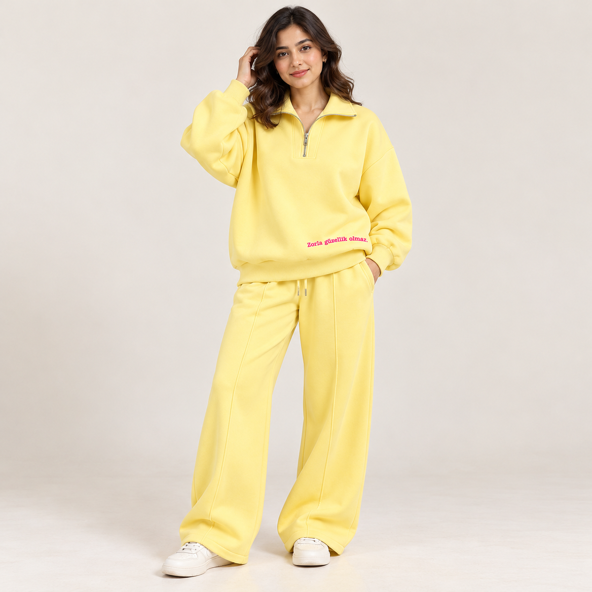Women Minimalist Quarter-Zip Co-Ord Set | Pastel Yellow Main image