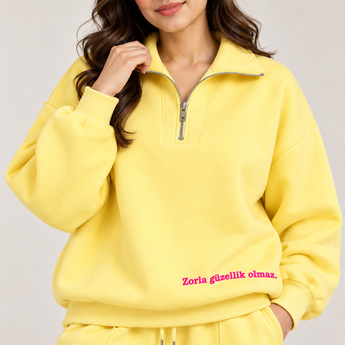 Women Minimalist Quarter-Zip Co-Ord Set | Pastel Yellow