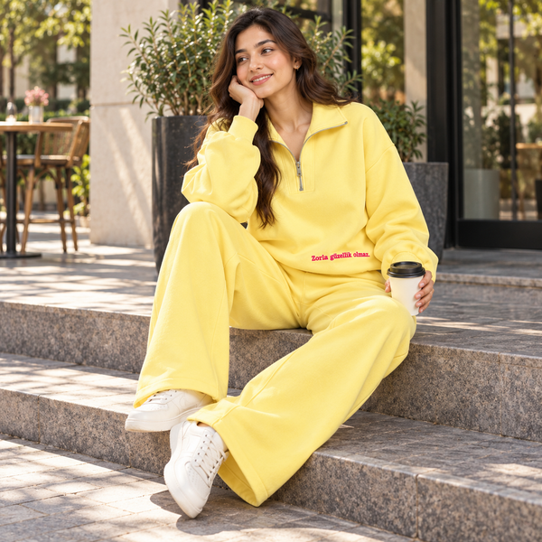Women Minimalist Quarter-Zip Co-Ord Set | Pastel Yellow