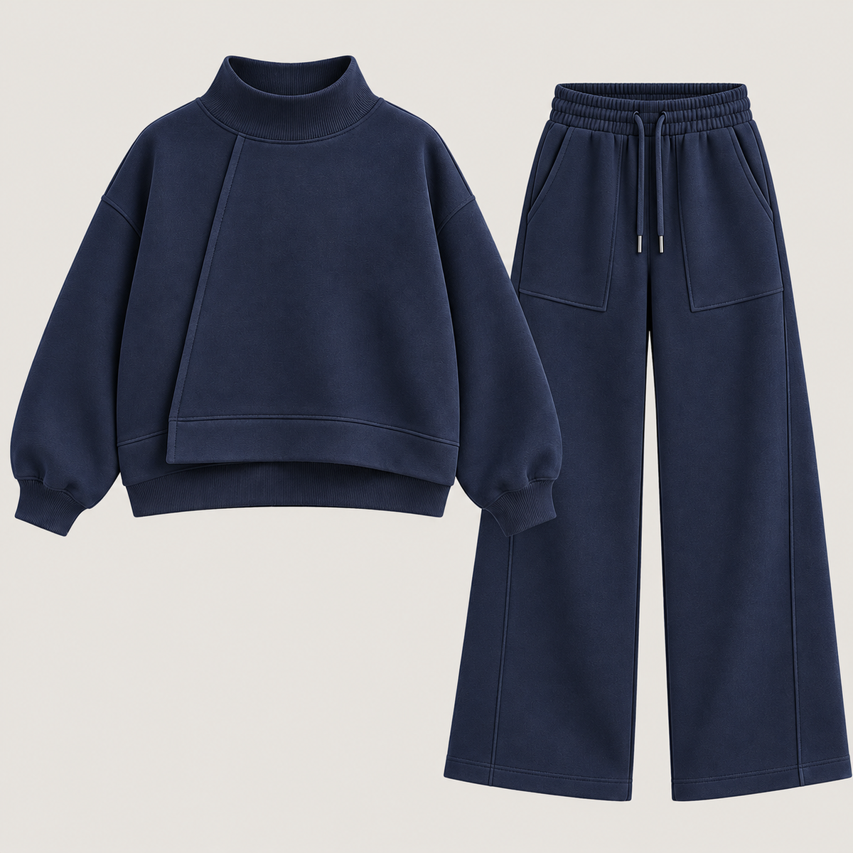 Asymmetric Mockneck Sweatshirt & Wide-Leg Co-Ord Set – Navy Blue