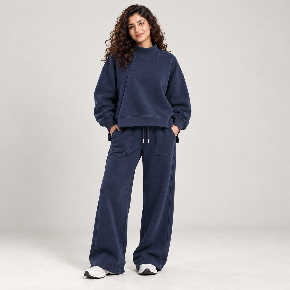 Asymmetric Mockneck Sweatshirt & Wide-Leg Co-Ord Set – Navy Blue Main image