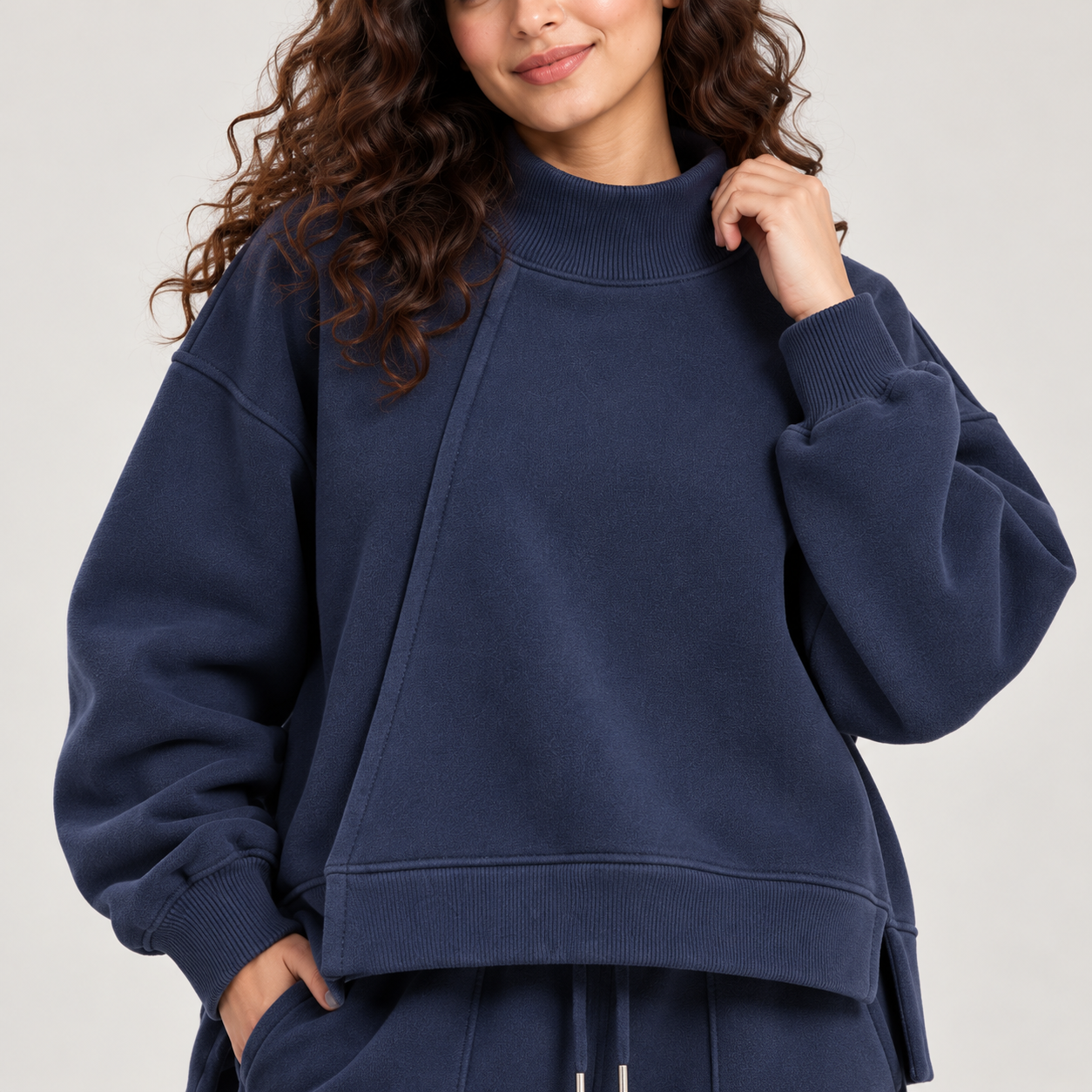 Asymmetric Mockneck Sweatshirt & Wide-Leg Co-Ord Set – Navy Blue Secondary image