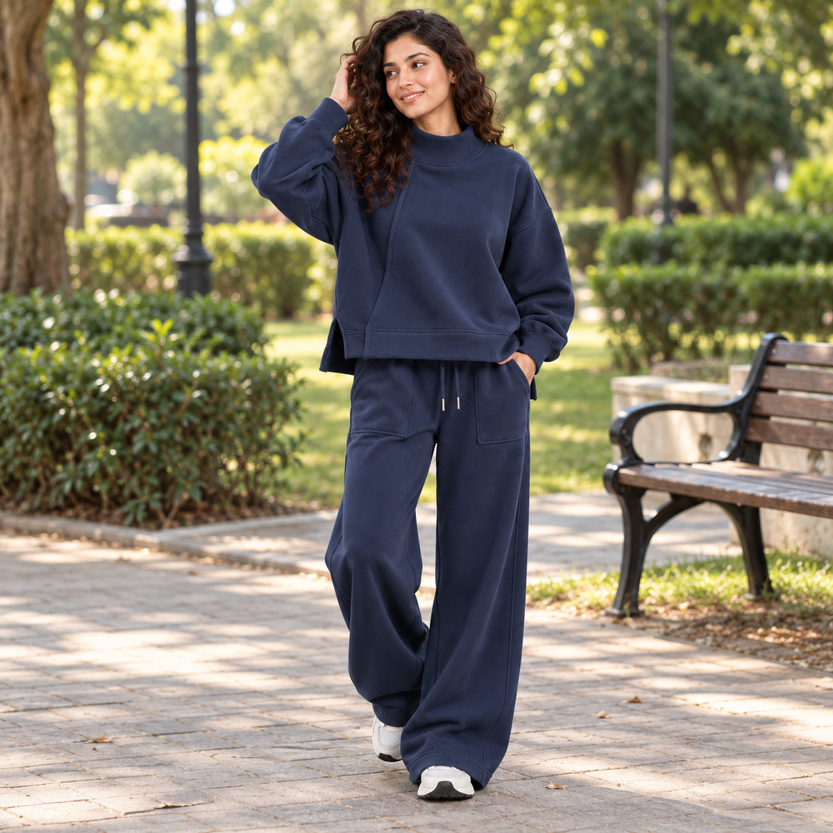Asymmetric Mockneck Sweatshirt & Wide-Leg Co-Ord Set – Navy Blue