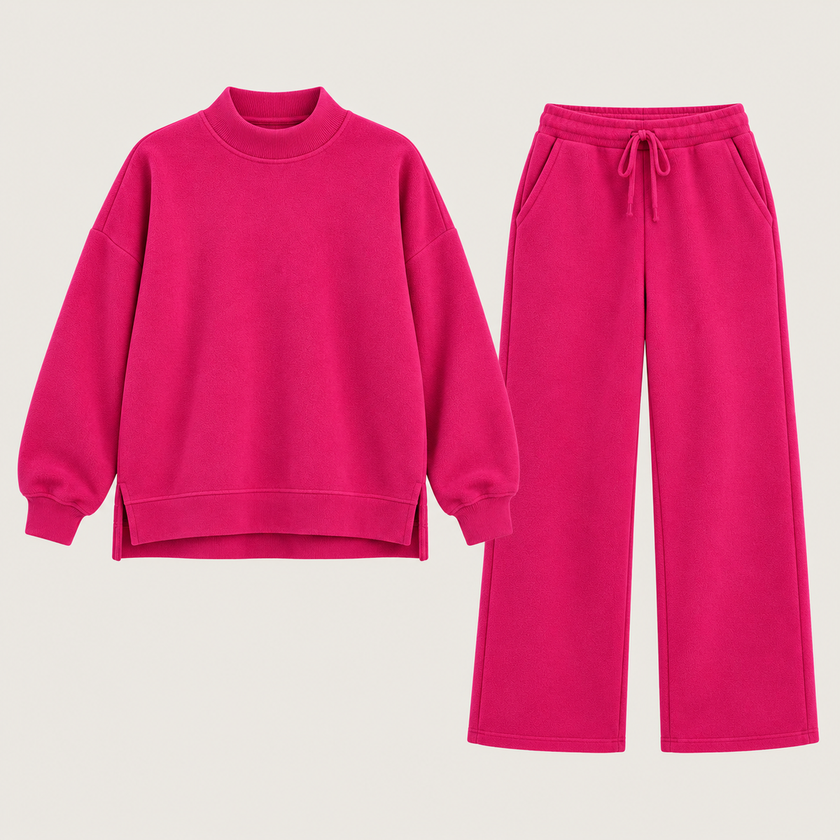 Minimalist Mockneck Side-Slit Sweatshirt & Wide-Leg Co-Ord Set – Hot Pink