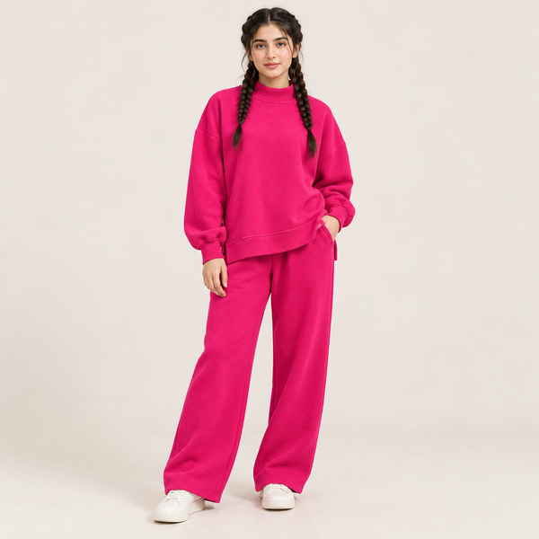 Minimalist Mockneck Side-Slit Sweatshirt & Wide-Leg Co-Ord Set – Hot Pink