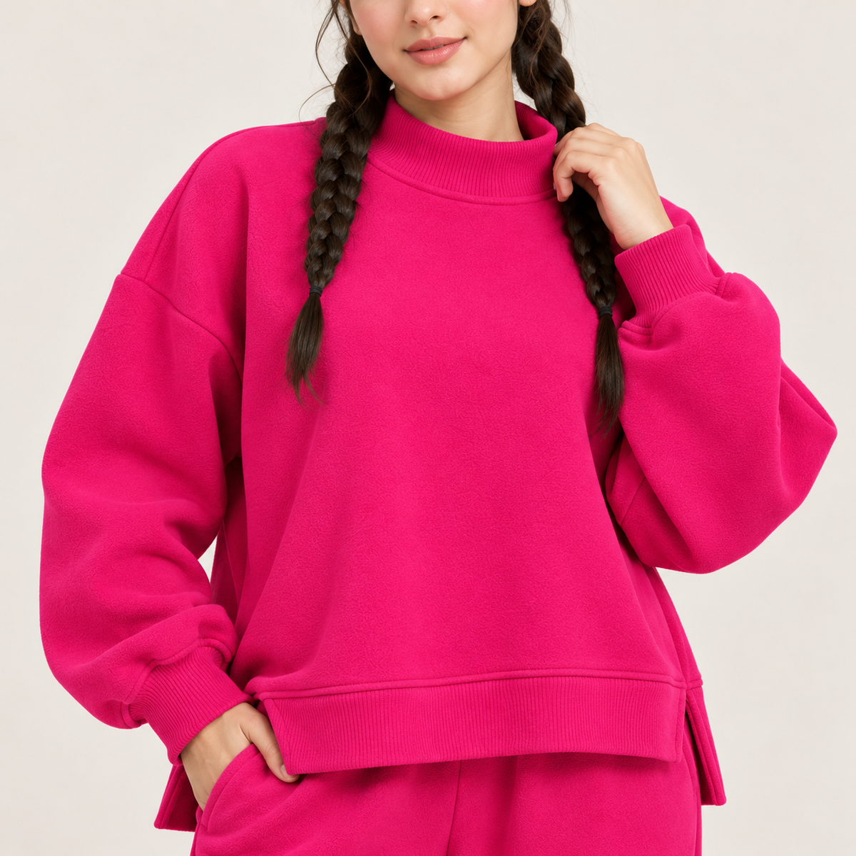 Minimalist Mockneck Side-Slit Sweatshirt & Wide-Leg Co-Ord Set – Hot Pink